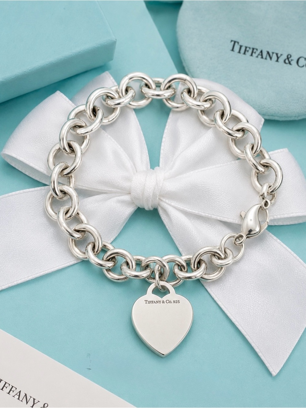 Vintage Tiffany & Co. Sterling Silver Heart Tag Charm Bracelet 7.75” Authentic
